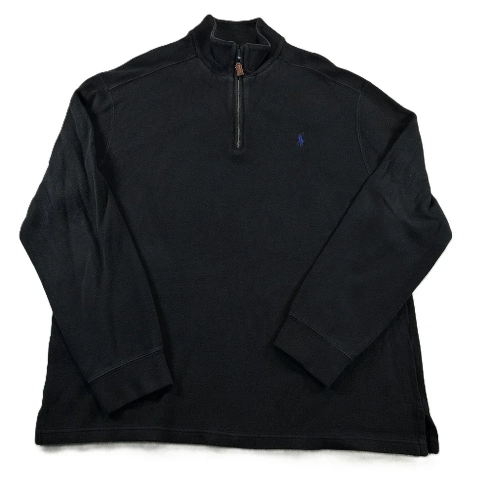 Polo Ralph Lauren Quarter Zip Pullover XL Black Estate Rib Cotton Blue Pony Logo